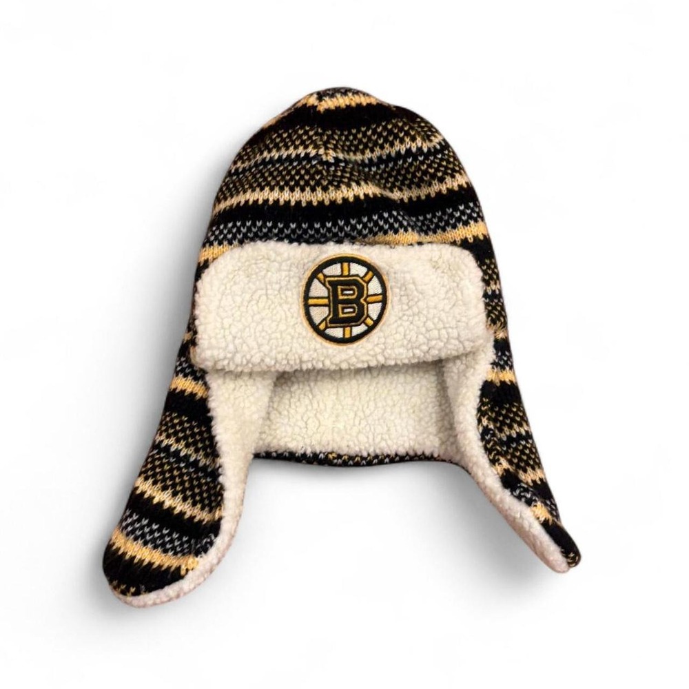 Reebok Boston Bruins NHL Black Gold Knit Trapper Ear Flap Hat Mens